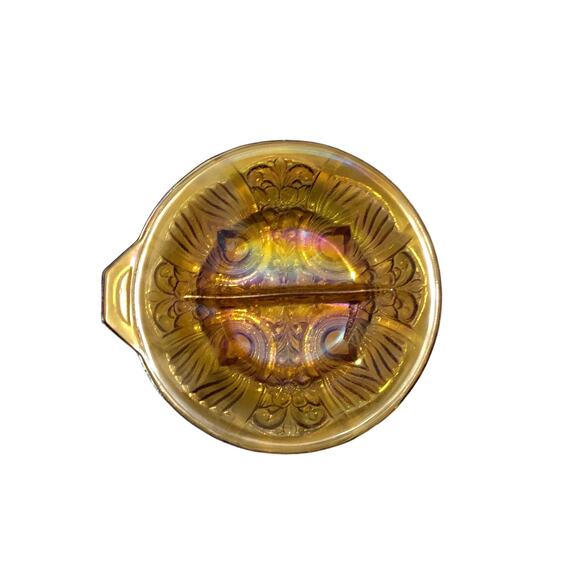Vintage Iridescent Amber Carnival Glass Divided Double Sided Snack Candy Dish - Picture 1 of 3